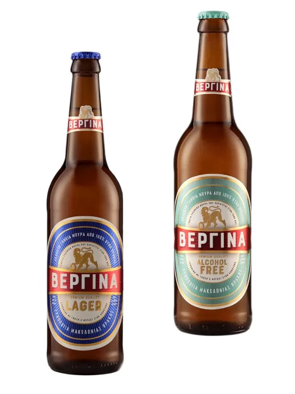 Bottiglia di birra tipica greca Vergina Lager e bottiglia di birra Vergina analcolica